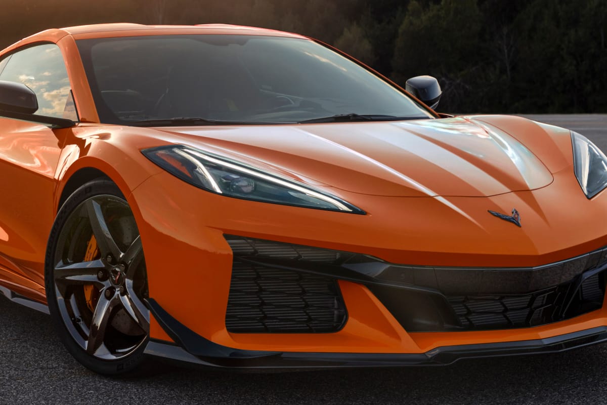 Close-up shot of orange Corvette Z06 alloys and bodywork