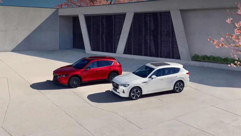 Two Mazda SUV's in an industrial estate with cherry blossom trees
