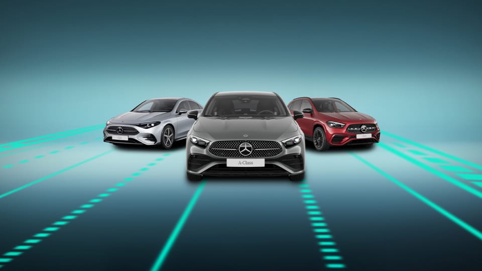 Three Mercedes-Benz side by side against a futuristic background