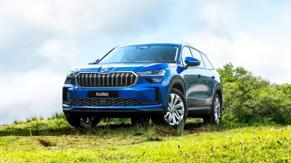 Front angled view of Skoda Kodiaq parked in a grassy background