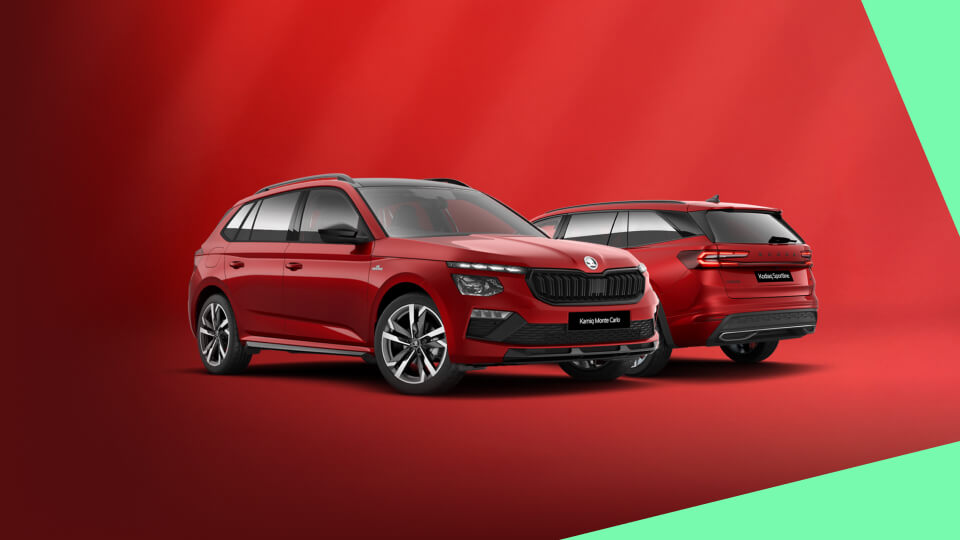 Red Skoda Kamiq Monte Carlo and Skoda Kodiaq Sportline