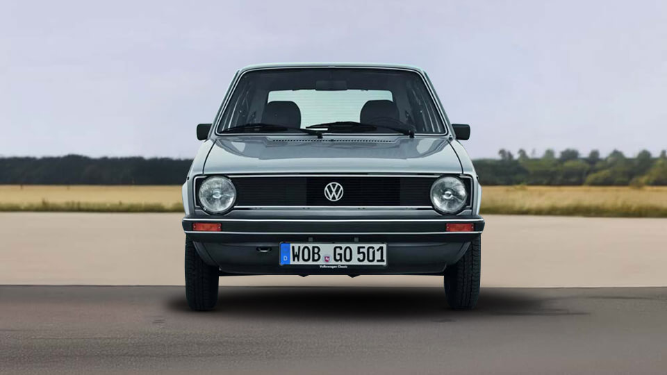 Front view of a white Volkswagen Golf Mark 1