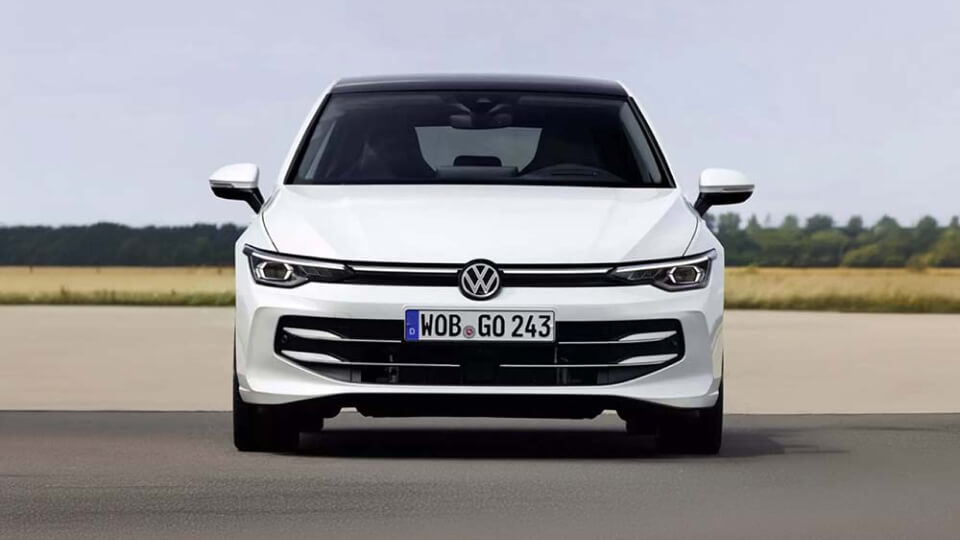 Front view of a white Volkswagen Golf Mark 8